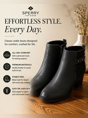 Sperry Top-Sider Black Ankle Boots Women’s Size 10 Quilted Side Zip Booties